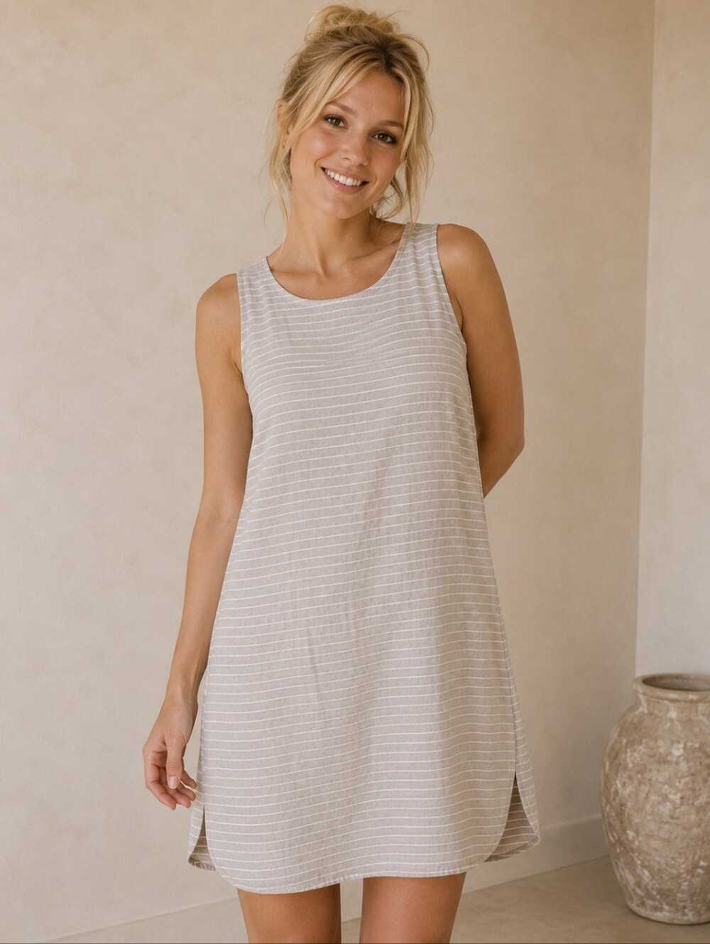 BeachLunchLounge Beige & White Striped Linen Blend Shift Dress Size XS/TP